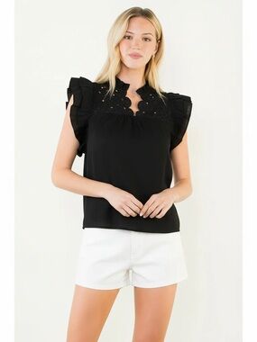 THML, new w tags . Black Ruffle Sleeve Eyelet Yoke Top - Women